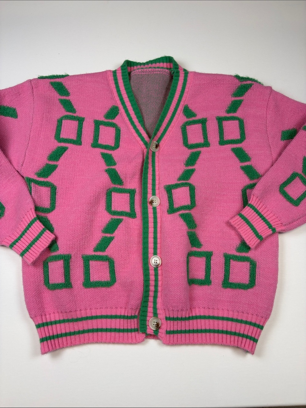 PINK GREEN GEOMETRIC KNIT CARDIGAN SWEATER BUTTON FRONT PREPPY LARGE
